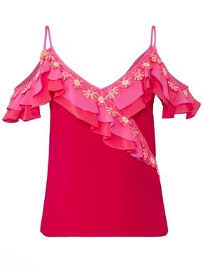 Peter Pilotto Hot Pink Ruffle Cold-Shoulder Camisole Silk Lace New 14